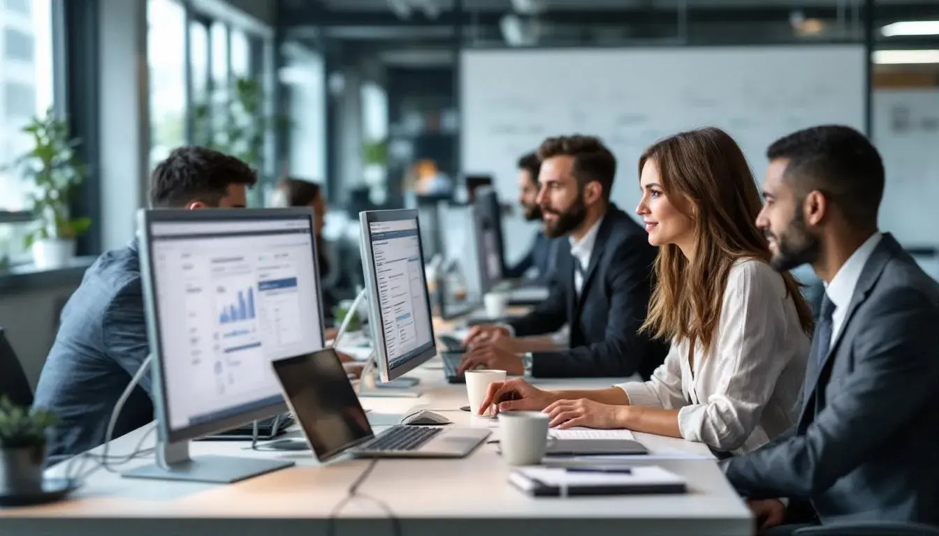 Das Bild zeigt ein professionelles Team, das konzentriert an Computern arbeitet, um Bewertungen zu löschen. Die Atmosphäre ist ruhig, während die Mitarbeiter E-Mails bearbeiten und wichtige Informationen zur Bewertung von Ferienunterkünfte austauschen.