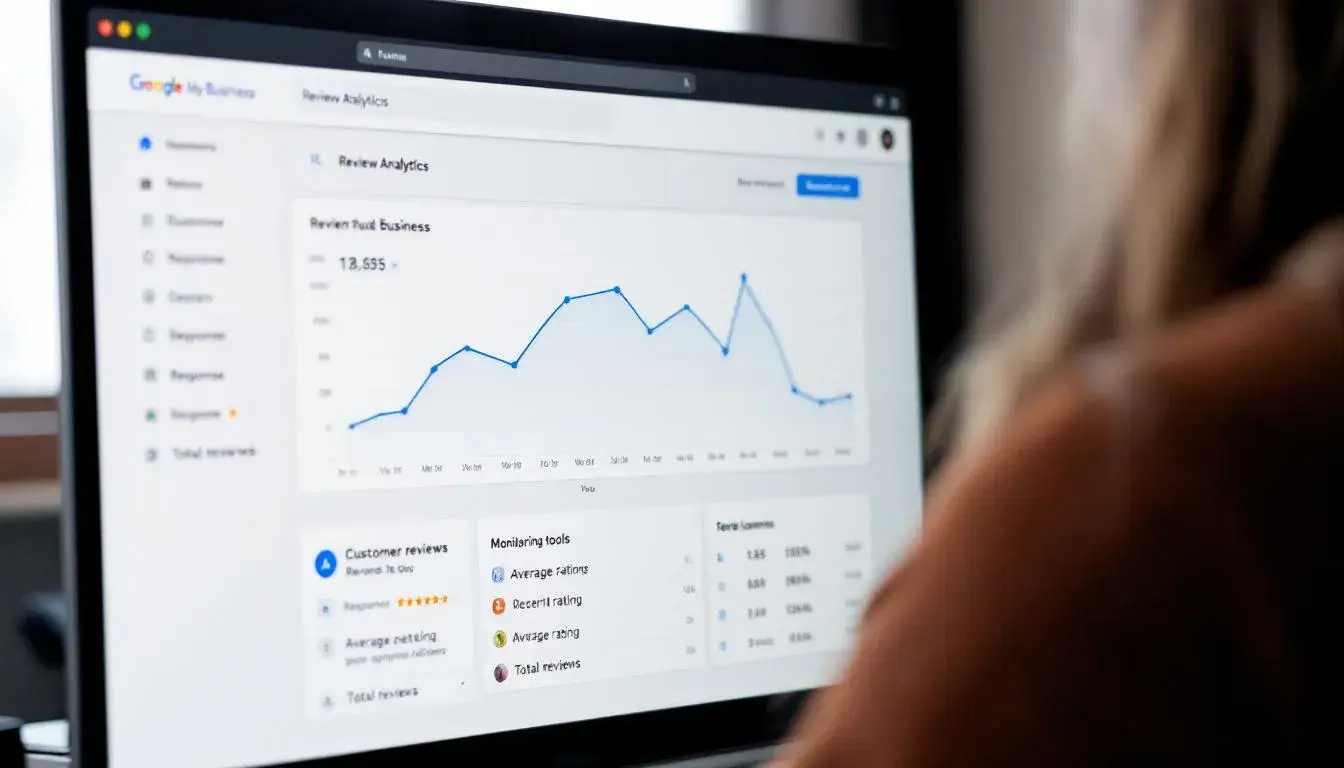 Das Bild zeigt das Google My Business-Dashboard mit Analysewerkzeugen für Online-Bewertungen, auf dem Nutzerbewertungen und Rezensionen überwacht werden können. Es enthält Grafiken und Statistiken zur Bewertung von Restaurants und deren Online-Reputation sowie Informationen zu negativen Bewertungen und Löschanträgen.