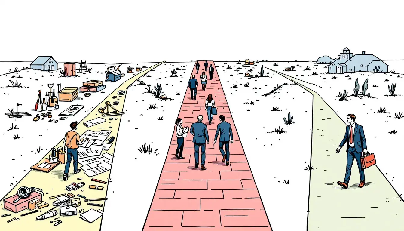 In the image, three distinct paths are illustrated, each representing different approaches to handling online Bewertungen: a DIY method, an agency service, and legal assistance from lawyers. Each path symbolizes unique strategies for dealing with Google Bewertungen, including the possibility of Bewertung löschen or managing negative Rezensionen.