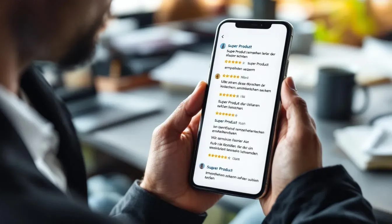 Eine Lupe über einem Smartphone mit Bewertungen symbolisiert die Prüfung auffälliger Rezensionen.