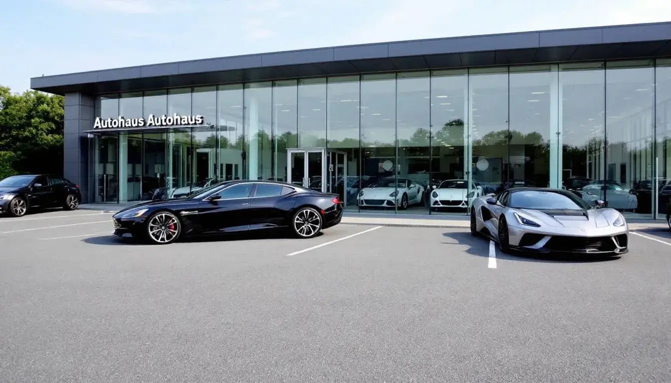 Modernes Autohaus mit mehreren ausgestellten Fahrzeugen vor dem Gebäude – steht sinnbildlich für professionellen Auftritt und eine starke Online-Reputation mit positiven Google-Bewertungen.