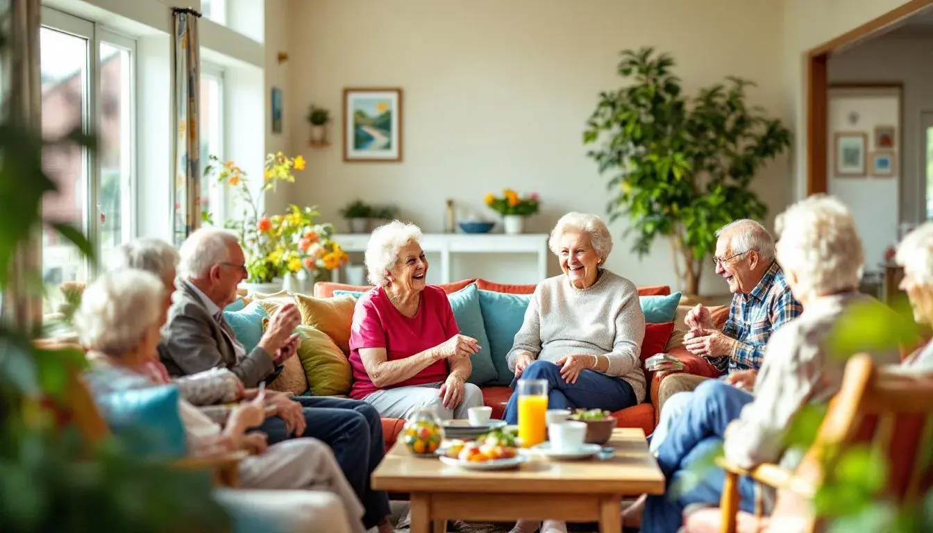 Gemeinschaftsraum eines Pflegeheims, in dem mehrere ältere Bewohner gemeinsam Zeit verbringen – symbolisiert eine positive Atmosphäre und eine gute Online-Reputation durch faire Google-Bewertungen.
