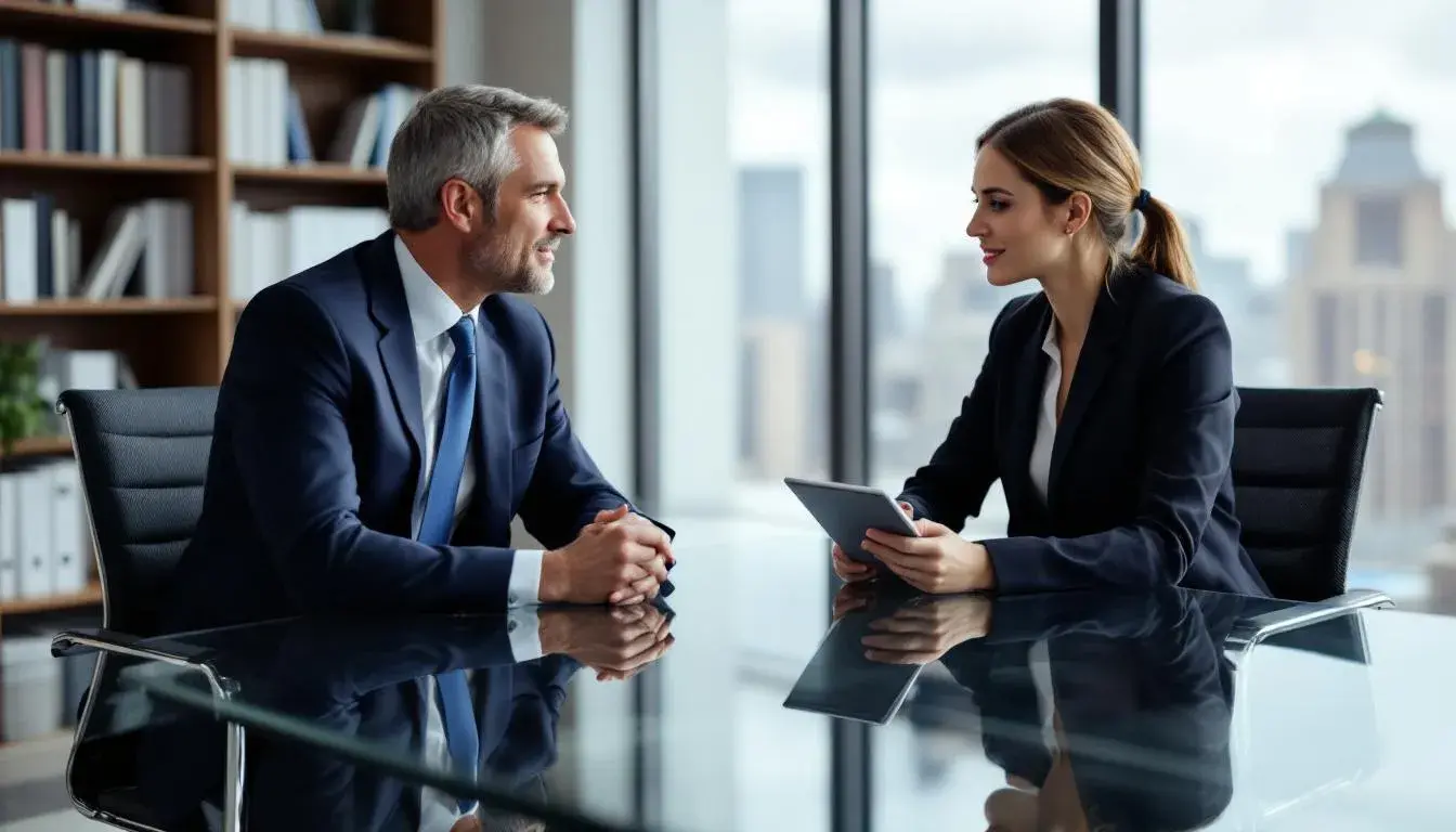 In a professional consultation meeting, a business owner and an advisor engage in discussion, surrounded by documents and a laptop, focusing on strategies to improve online reviews and customer feedback, including the management of fake Bewertungen and Google Bewertungen for their company. The atmosphere is collaborative, emphasizing the importance of informed decisions and effective communication in business development.