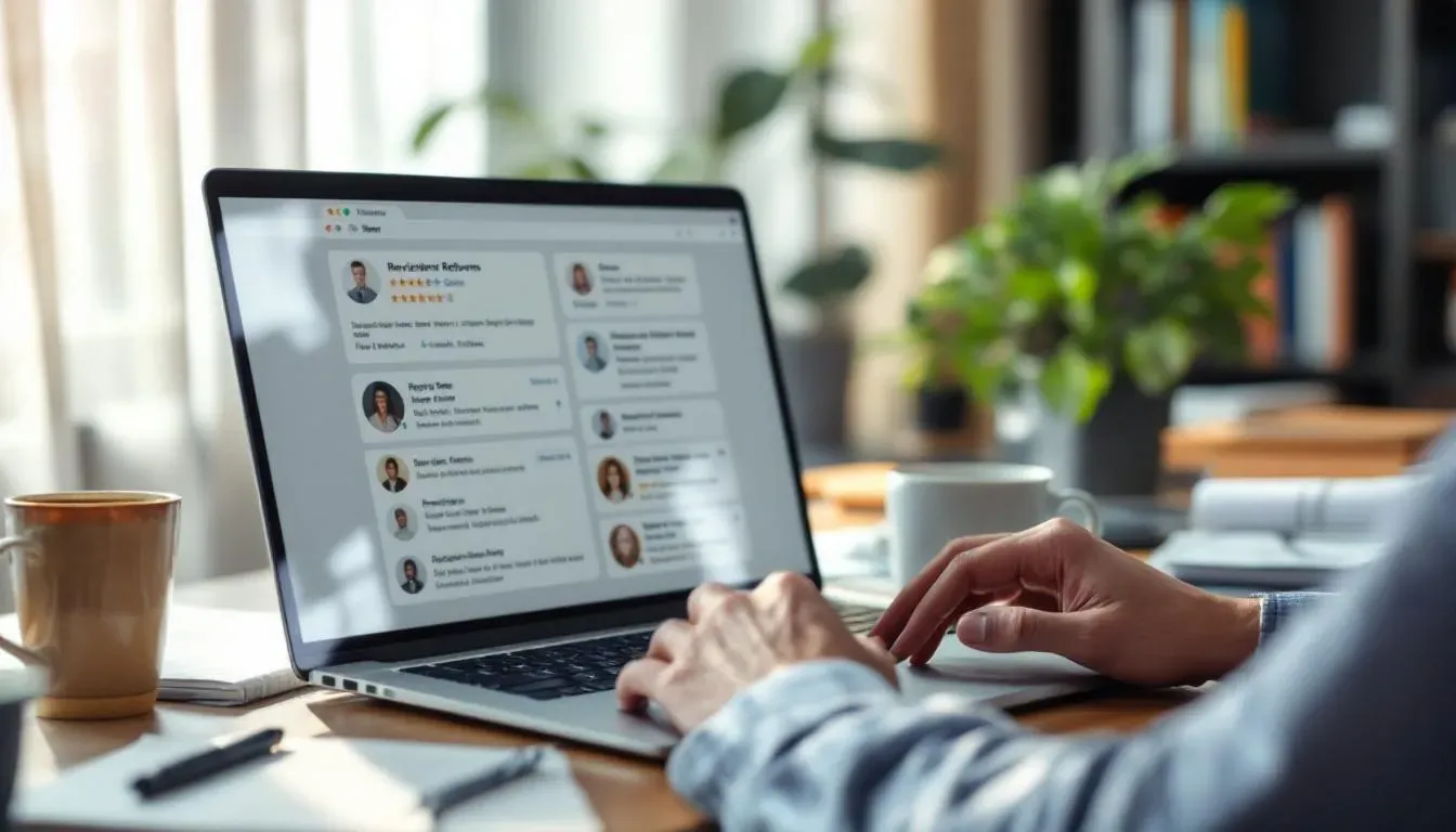 Eine Person arbeitet an einem Laptop, während auf dem Bildschirm Sternebewertungen und Rezensionen zu sehen sind.