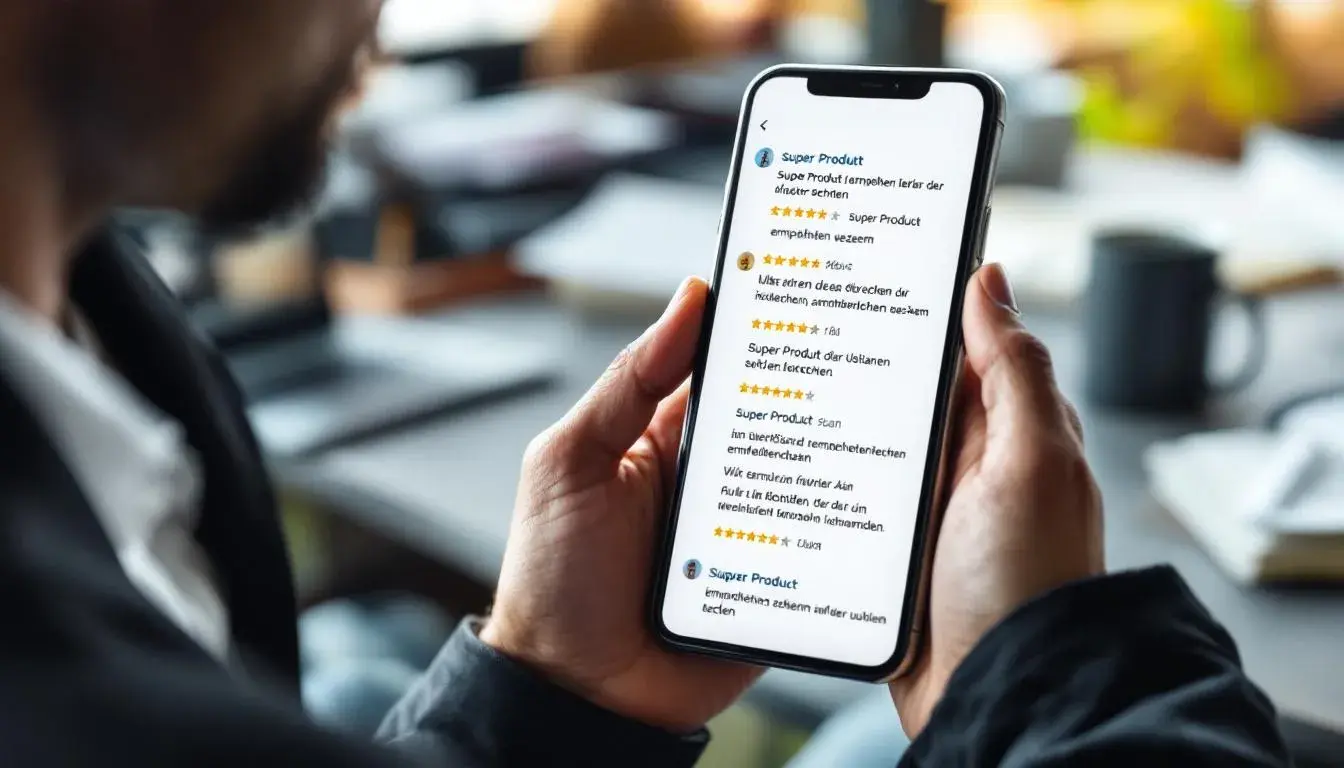 In der Abbildung sieht man eine Lupe, die über gefälschte Bewertungen auf einem Smartphone-Display schwebt. Die Darstellung symbolisiert die Suche nach echten Rezensionen und Informationen über Unternehmen, während sie sich mit dem Thema Fake Bewertungen auseinandersetzt.