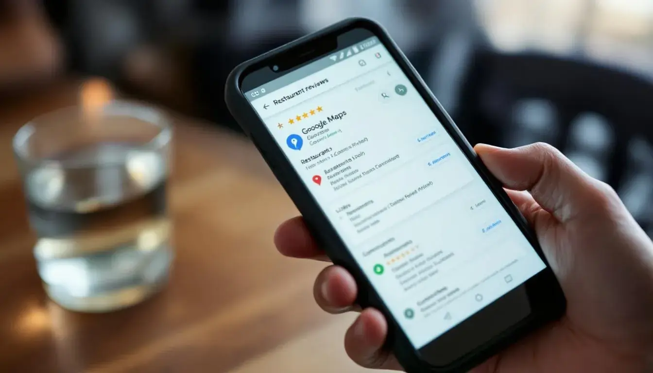 Das Bild zeigt ein Smartphone mit geöffneter Google Maps App, auf dem Bewertungen und Rezensionen für ein Restaurant angezeigt werden. Die Nutzer können Sternebewertungen und Kommentare lesen, um mehr über die Erfahrungen anderer Kunden mit diesem Unternehmen zu erfahren.