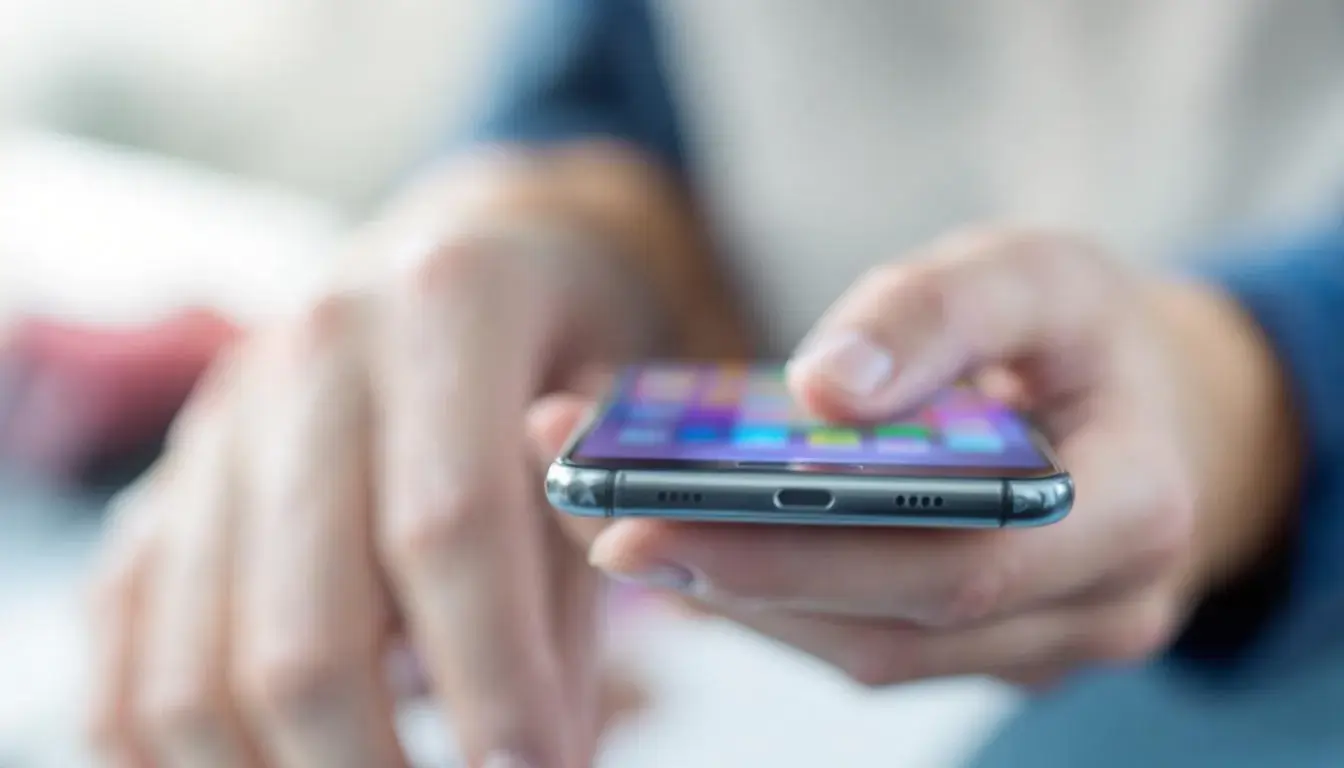 Eine Hand hält ein Smartphone, das eine App-Oberfläche zeigt, auf der Nutzer ihre Erfahrungen und Bewertungen für verschiedene Unternehmen abgeben können. Die Oberfläche beinhaltet Sternebewertungen und Schaltflächen für das Schreiben von Rezensionen sowie Informationen zu Orten und Dienstleistungen.