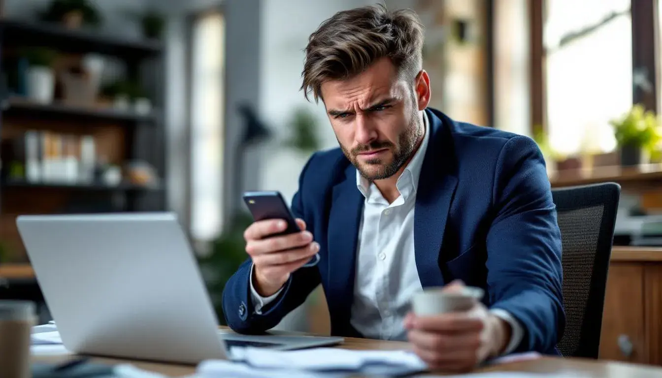 Ein besorgter Geschäftsinhaber schaut auf seinem Smartphone nach online Bewertungen, während er sich mit den Herausforderungen von gefälschten Bewertungen und dem Feedback von Kunden auseinandersetzt. Die Situation verdeutlicht die Bedeutung von ehrlichen Rezensionen für den Ruf seines Unternehmens.